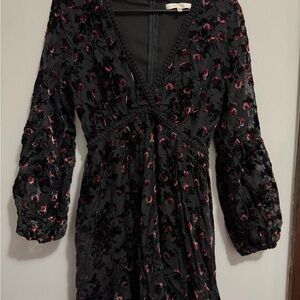 Wayf Black Velvet Floral Long Sleeve Dress with Burgundy Accents